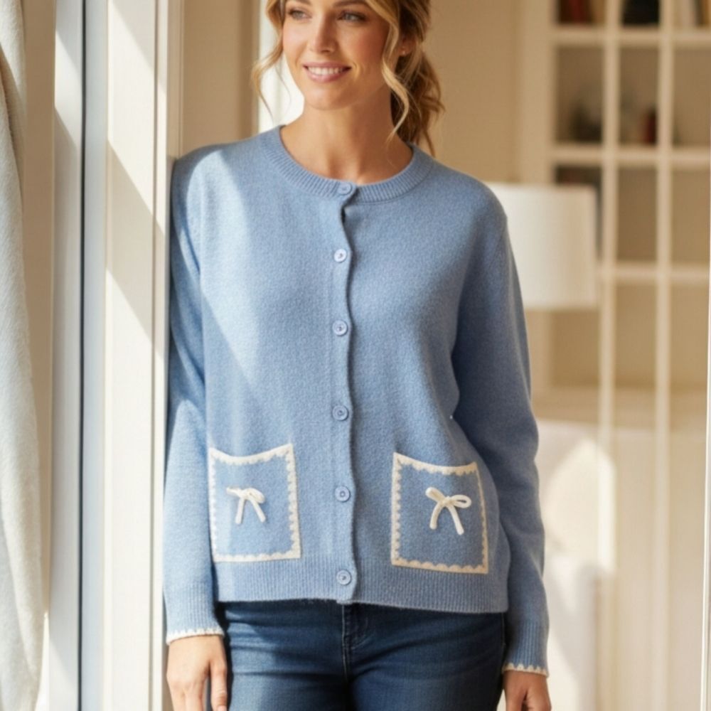 NWT Threaded Leaf Wool Blend Cardigan XL Blue Sweater Pockets Ribbons
